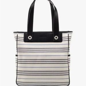 BURBERRY Navy Leather Trimmed Striped Canvas Vertical Tote Bag Silver Hardware